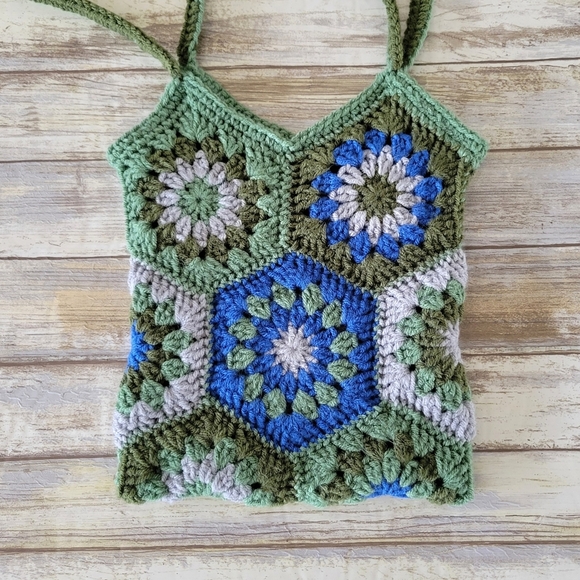 Handmade Crochet Granny Square Hexagon Boho Shoulder Bag Tote Green Blue Gray - Picture 3 of 8